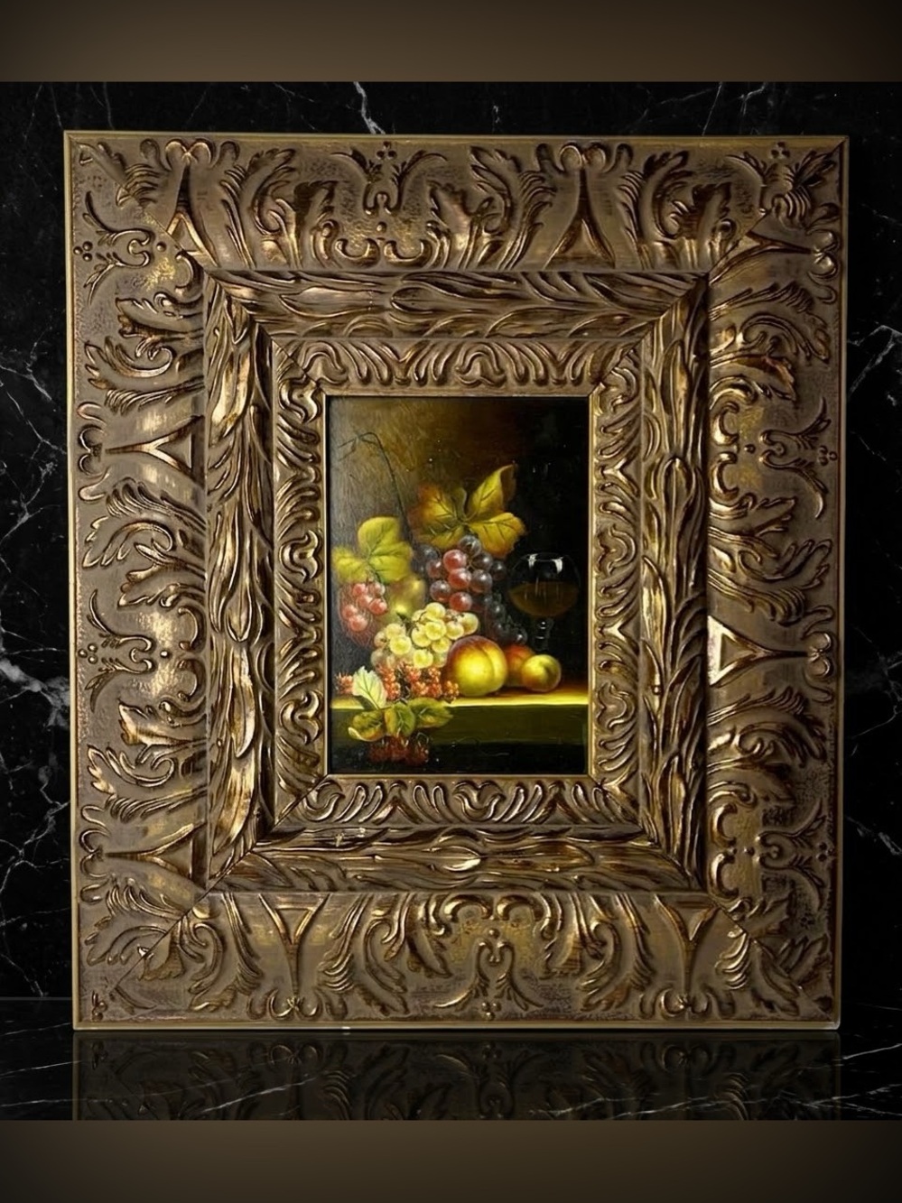 Vintage 13”x15” Fruit Still Life Oil Painting Ornate Gold Gilt Frame